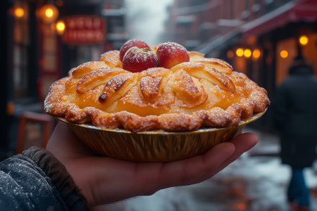 Man's hand holds baked apple pie. AI-generated itemの素材
