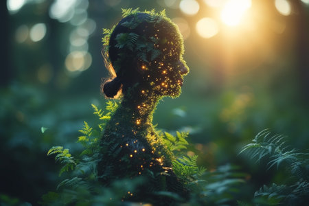 The plant woman grows in the forest at sunset. AI-generated itemの素材