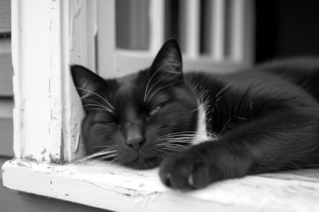 Black cat is napping on the windowsill. AI-generated itemの素材