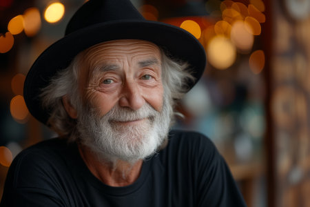 Portrait of an old man with a gray beard and a black hat on a blurred background. AI-generated itemの素材