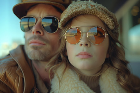 Portrait of a young fashionable couple in retro style sunglasses.  AI-generated itemの素材