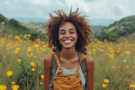 Cheerful black girl among a field of yellow flowers. AI-generated itemの素材