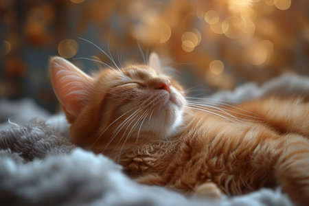 A red-haired contented cat sleeps on a rug. AI-generated itemの素材