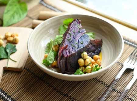 Healthy diet food. Red cabbage steak with greens and chickpeasの写真素材