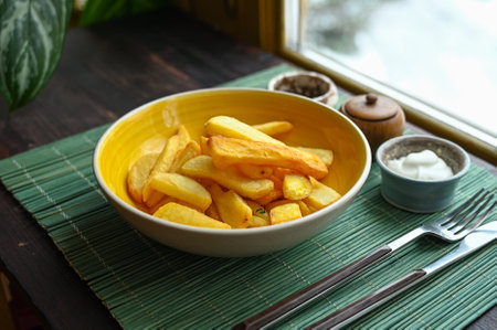 Traditional European cuisine. French fries in a plate on the tableの写真素材