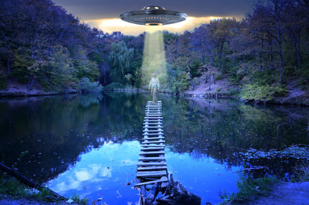 UFO hovered over a girl standing on the bridge of a mountain lake in the middle of a night forest