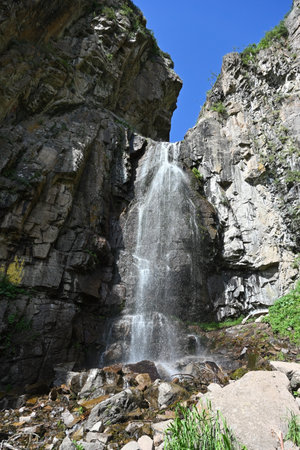 Nizhny Butakovsky waterfall in the Tien Shan Mountains in Kazakhstanの写真素材