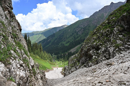 The glacier descended in the valley of the Black waterfall. Tien Shan Mountains in Kazakhstanの写真素材
