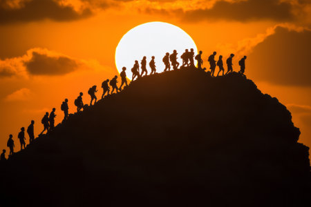 A group of people climbs a mountain against the background of the setting sun. AI-generated itemの素材