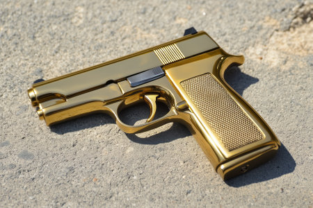 The golden pistol is lying on the ground. AI-generated itemの素材