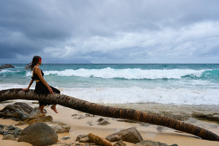 Young teenage girl in a black dress enjoying the ocean viewsの写真素材
