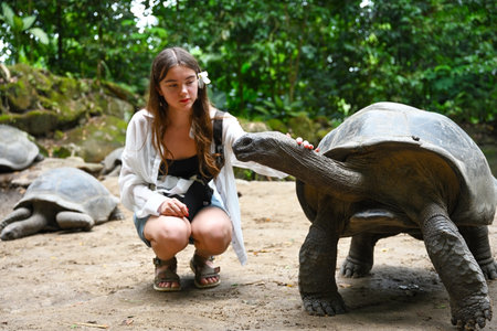 Young teenage girl strokes giant Seychelles turtleの写真素材