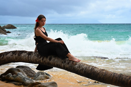 Cute teenage girl in a black dress enjoying the ocean viewsの写真素材