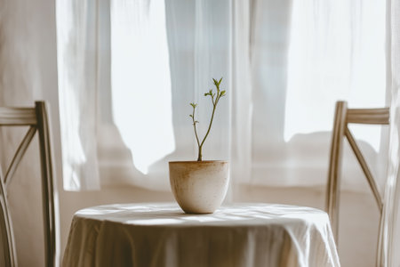 A single potted plant standing on a table in the middle of the room. AI-generated itemの素材