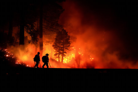 Dark silhouettes of firefighters against the background of a raging forest fire. AI-generated itemの素材