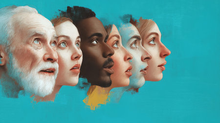 Illustration with thoughtful faces of various people on a turquoise background. AI-generated itemの素材