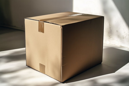 A mock-up of a cardboard box in a minimalist style sealed with duct tape. AI-generated itemの素材