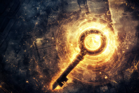A glowing key is in the center of a glowing circle. The circle is surrounded by a dark background. AI-generated itemの素材