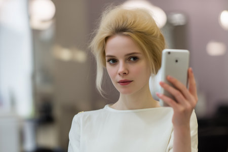 A young beautiful blonde in a white dress takes a selfie. AI-generated itemの素材