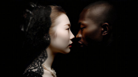 Portrait of an Asian woman and a black man facing each other on a black background. AI-generated itemの素材