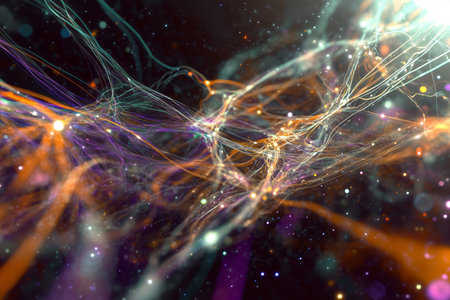 Abstract illustrative visualization of string theory, an elegant cosmic dance with vibrating strings of energy. AI-generated itemの素材