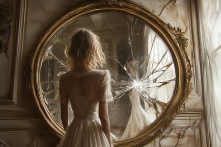A girl looks into an antique broken mirror. AI-generated itemの素材
