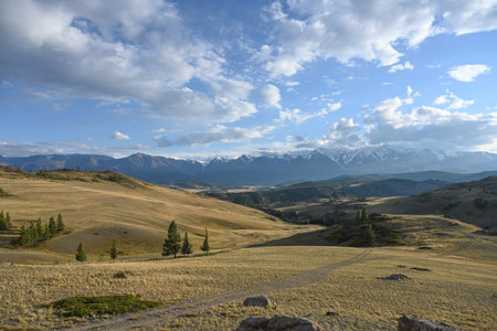 Sunny landscape of the North Chuisky ridge in the Altay Mountains, Russiaの写真素材