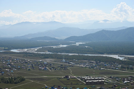 Ust-Koksa village with the confluence of the Koksa and Katun rivers. Altai Republic, Russiaの写真素材