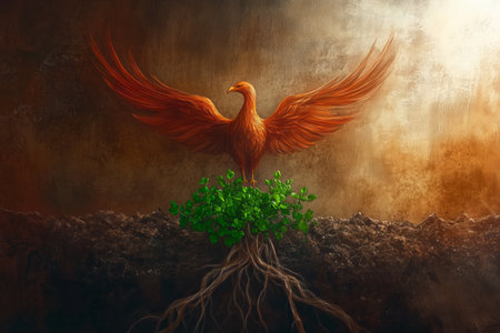 The fiery Phoenix bird that rose from the ashes spread its wings over the reborn earth. AI-generated itemの素材