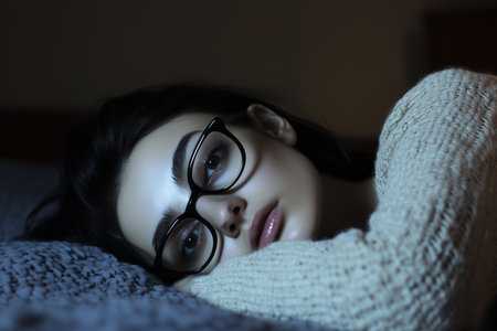 A pretty brunette with glasses is lying on the couch and looking at the camera. AI-generated itemの素材