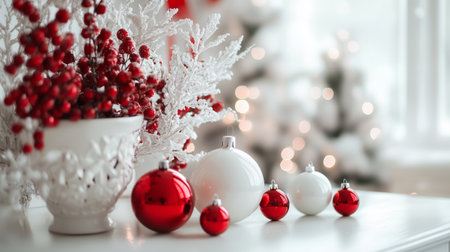 White and red Christmas tree balls decorations in the New Year's interior. AI-generated itemの素材