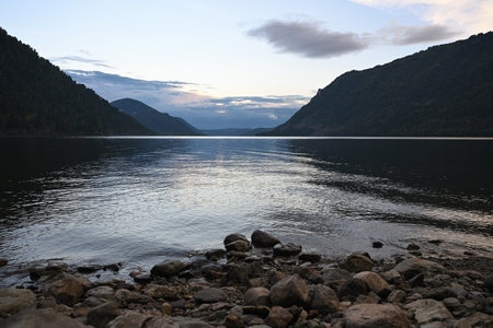 Fantastic landscape of Lake Teletskoye in Altay, Russia. Beautiful summer nature landscape at sunsetの写真素材