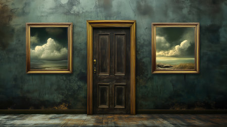 A room with a closed door and paintings depicting celestial landscapes. AI-generated itemの素材