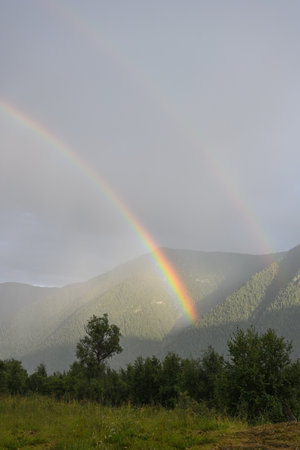 Picturesque double rainbow in the sky above a wooded mountain rangeの写真素材