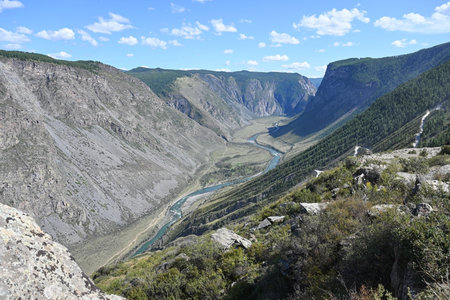 Katu Yaryk mountain pass and the valley of the river of Chulyshman. Altai Republic, Russia, beautiful summer dayの写真素材