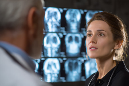 A female doctor holds a consultation with a colleague looking at brain X-ray images. AI-generated itemの素材