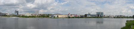 KAZAN, RUSSIA - JUNE 16, 2025: Panorama of Nizhny Kaban Lake in the center of Kazan. Republic of Tatarstan, Russiaのeditorial素材