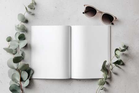 Top-down view of an open magazine with blank pages lying on a table. Next to the magazine are sunglasses and a twig of a plant. AI-generated itemの素材