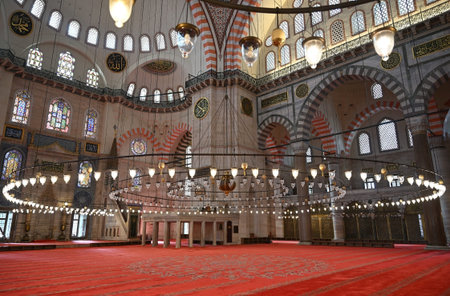 ISTANBUL, TURKEY -  FEBRUARY 21, 2026:  The majestic interior of the Suleymaniye Mosque is a...