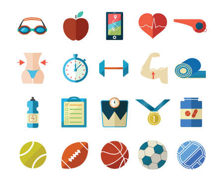 Fitness and sport flat icon set. Twenty fitness, sport and healthy lifestyle icons. Modern flat design gym, diet, weight loss icon set.のイラスト素材