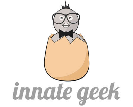 Innate Geek logo design illustration. Bird with glasses and bow tie is looking from broken eggのイラスト素材