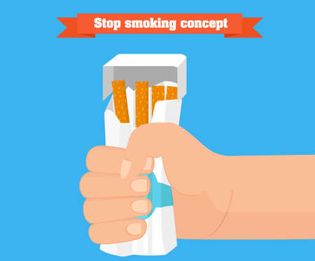 Stop smoking concept. Hand crushing a packet of cigarettes vector. Smoking cessation conceptual illustration.のイラスト素材