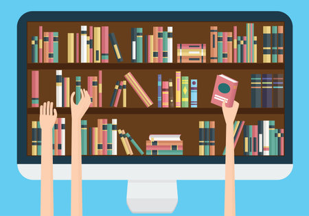 Hands are taking books from the book shelves. Online library conceptual illustration.