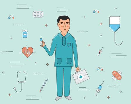 Doctor and medical services icons flat line illustrationのイラスト素材