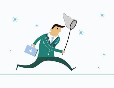 Doctor is haunting flu virus. Flu infection control and prevention conceptual illustration.のイラスト素材