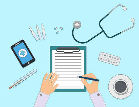 Doctors workplace flat line illustration. Doctor filling the prescription listのイラスト素材