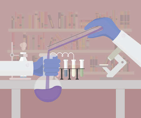 Scientific research flat illustration. Chemical laboratory illustration.のイラスト素材
