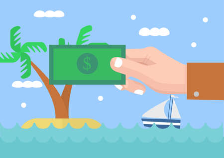 Money for vacation illustration. Hand holding money with summer vacation landscape.のイラスト素材