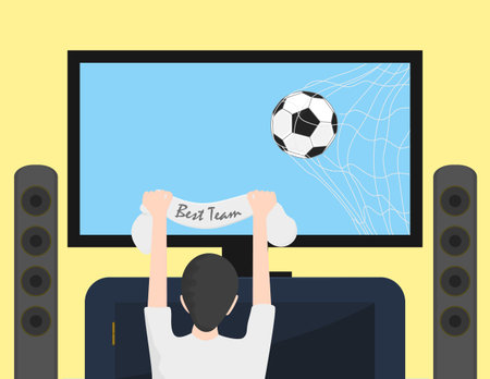 Football fan watching football on TV. Ball in net on TV screen.のイラスト素材