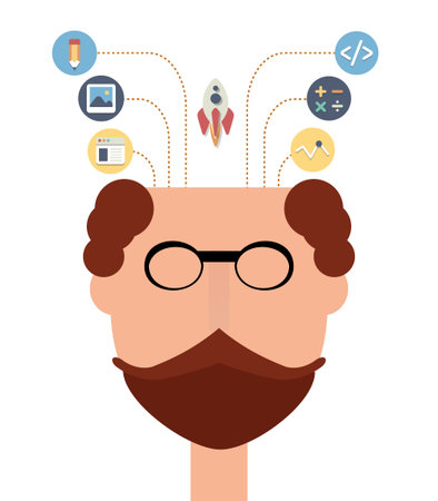 Head of creative man with start up flat icons. Design and technology learning concept.